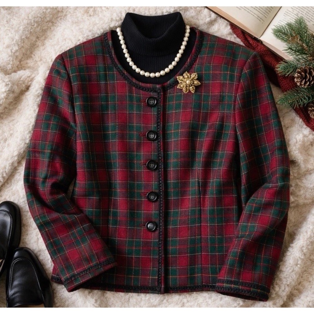 Pendleton Blazer Jacket Womens‎ 12P Red Green Plaid Excellent Tartan Wool Blend